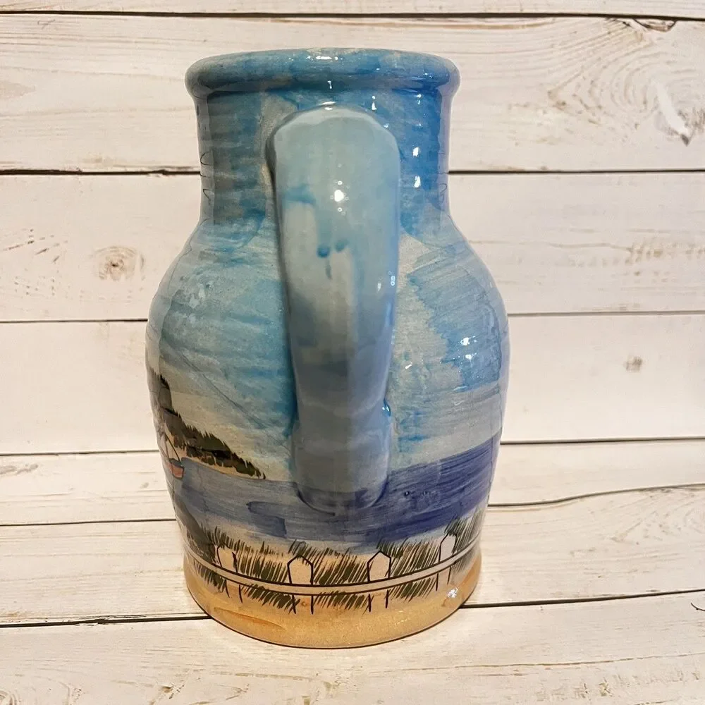 WCL Pottery Jug/Pitcher Painted Nautical Scene Lighthouse Sailboat Coastal 7.75”